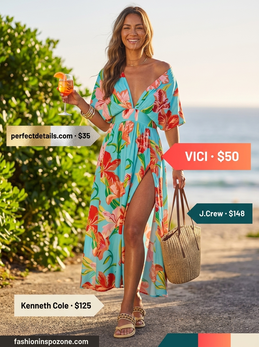 Cute outfit inspo summer for women 2026: Teal and coral maxi caftan dress with embellished sandals for beach.