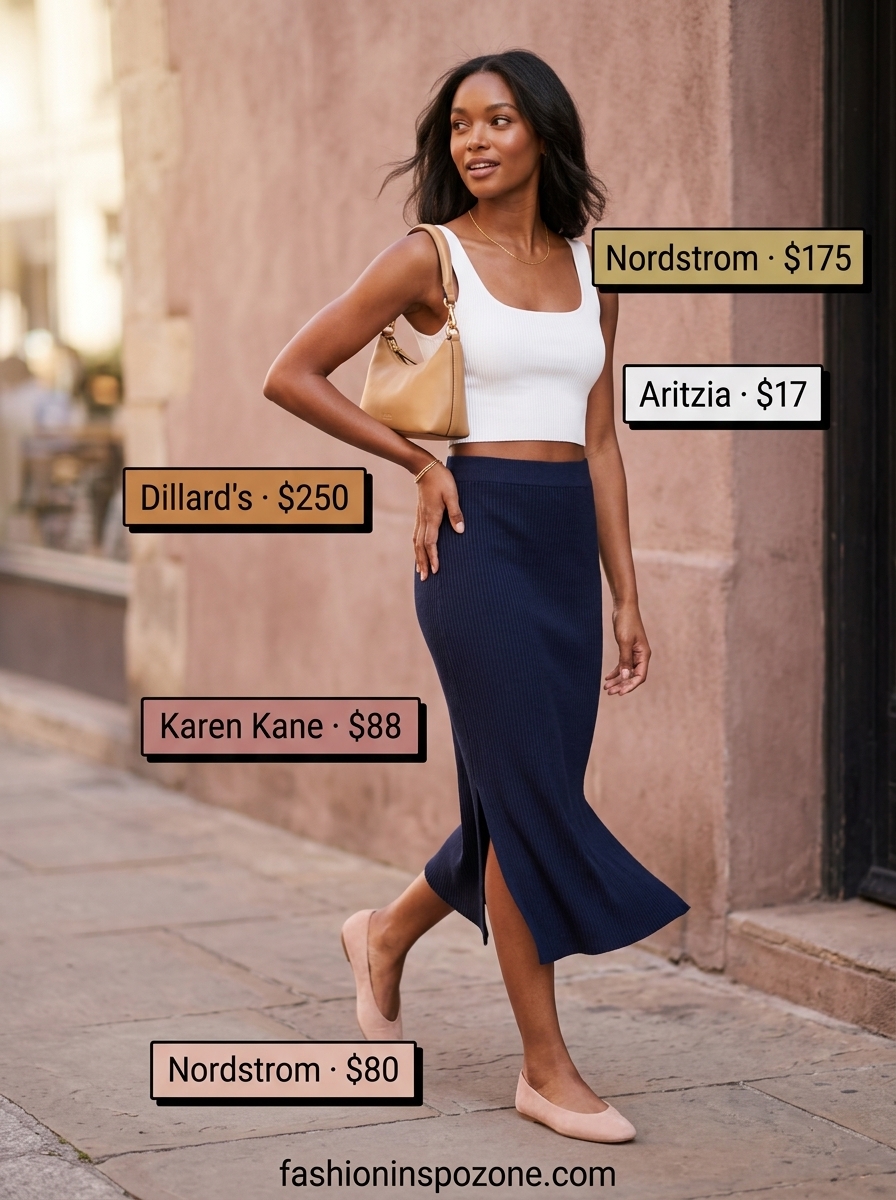 Cute outfit inspo summer for women 2026: Navy midi skirt, white crop top, and ballet flats for brunch.