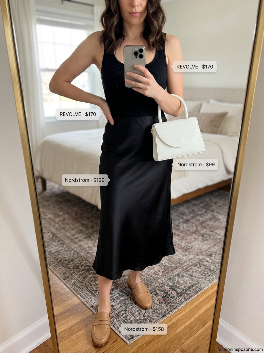 Cute outfit inspo summer for women 2026: Black satin midi skirt, bodysuit, and loafers for smart casual.