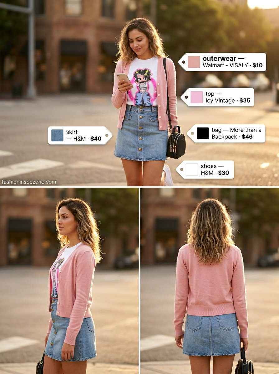 Cute outfit inspo summer for women 2026: Denim mini skirt, pink cardigan, and white sneakers for a playful look.