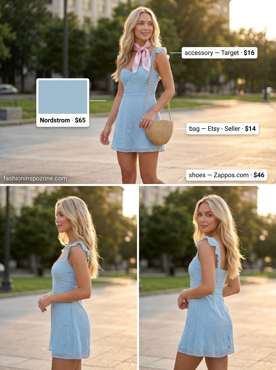 Cute outfit inspo summer for women 2026: Pastel blue floral mini sundress with white sneakers and straw crossbody.