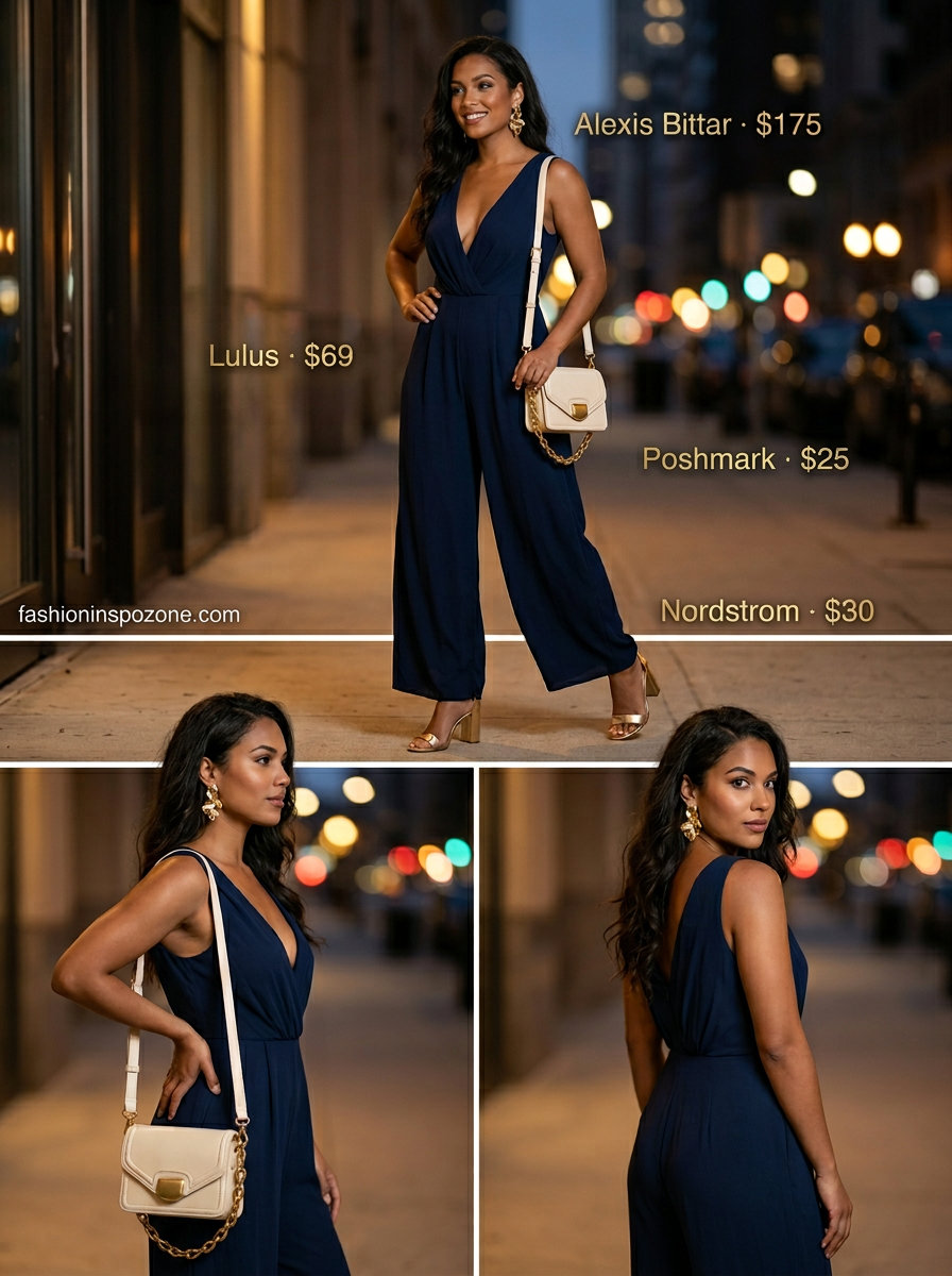 Cute outfit inspo summer for women 2026: Navy wide-leg jumpsuit with gold statement earrings and heeled sandals.