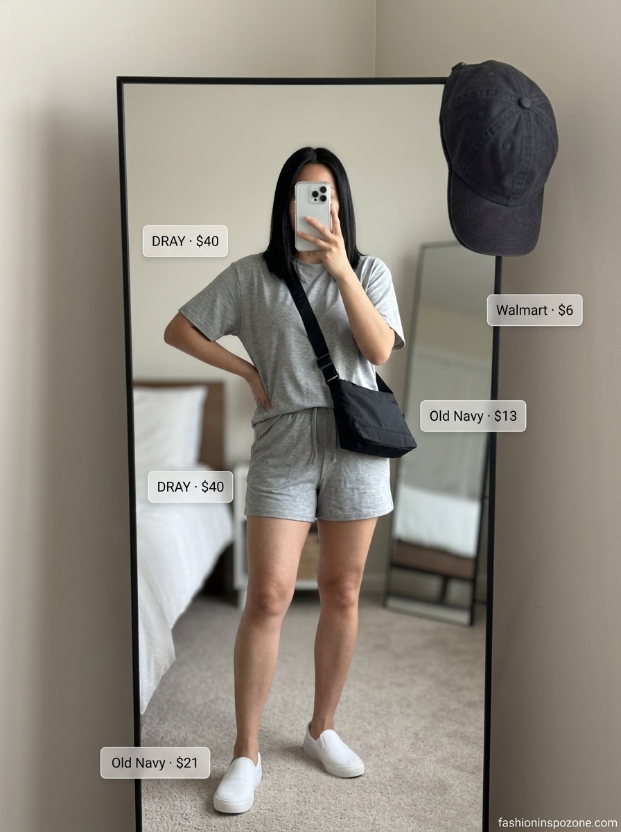 Cute outfit inspo summer for women 2026: Grey t-shirt and shorts set with black crossbody and sneakers.