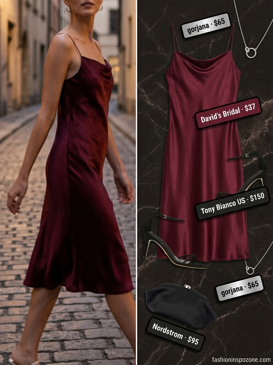 Cute outfit inspo summer for women 2026: Burgundy satin slip dress, black heels, silver jewelry. Elegant for date night or summer parties.