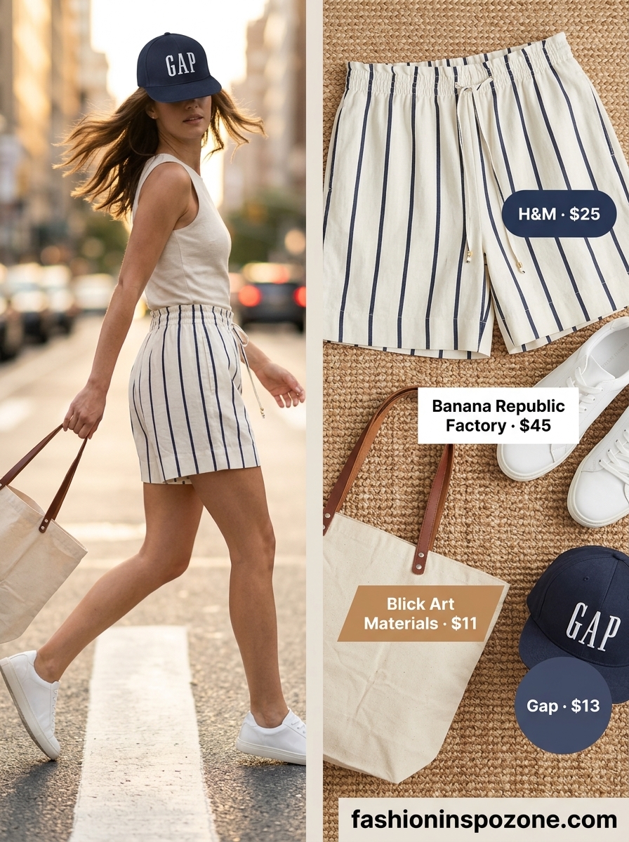 Cute outfit inspo summer for women 2026: Navy stripe linen set, white sneakers, canvas tote. Relaxed and sporty for casual days.