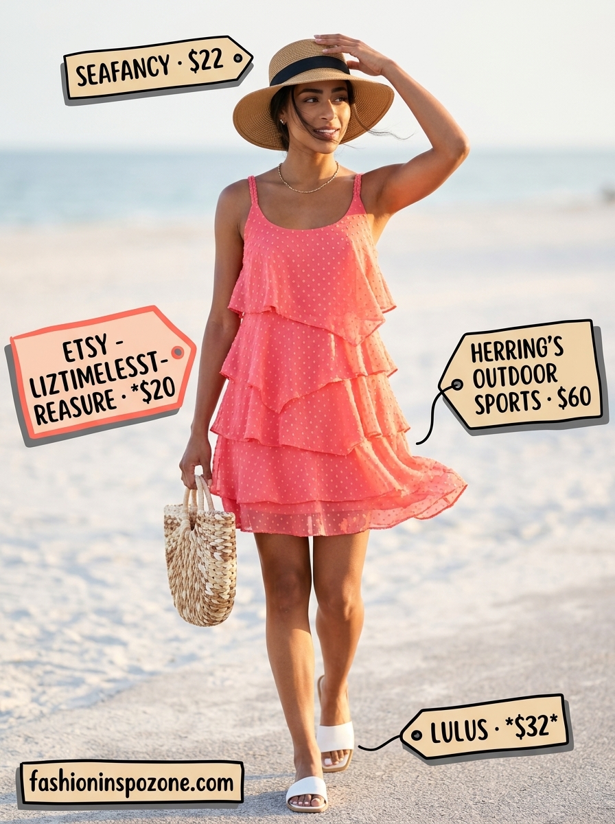 Cute outfit inspo summer for women 2026: Coral pink polka dot sundress, straw hat, and sandals for a picnic.
