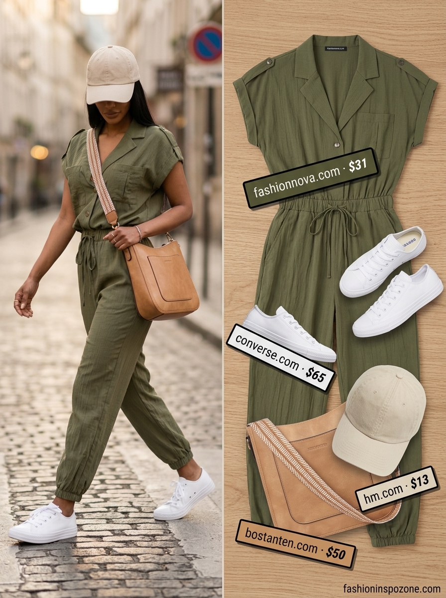 Cute outfit inspo summer for women 2026: Olive green utility jumpsuit, white sneakers, tan crossbody. Cool and practical for day trips.