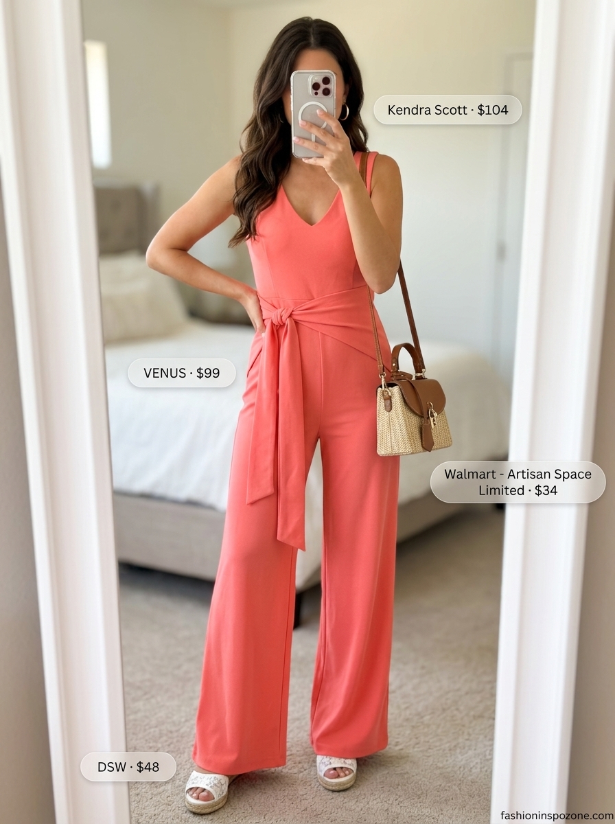 Cute outfit inspo summer for women 2026: Coral wide-leg jumpsuit, espadrilles, gold hoops. Vibrant and chic for summer events.