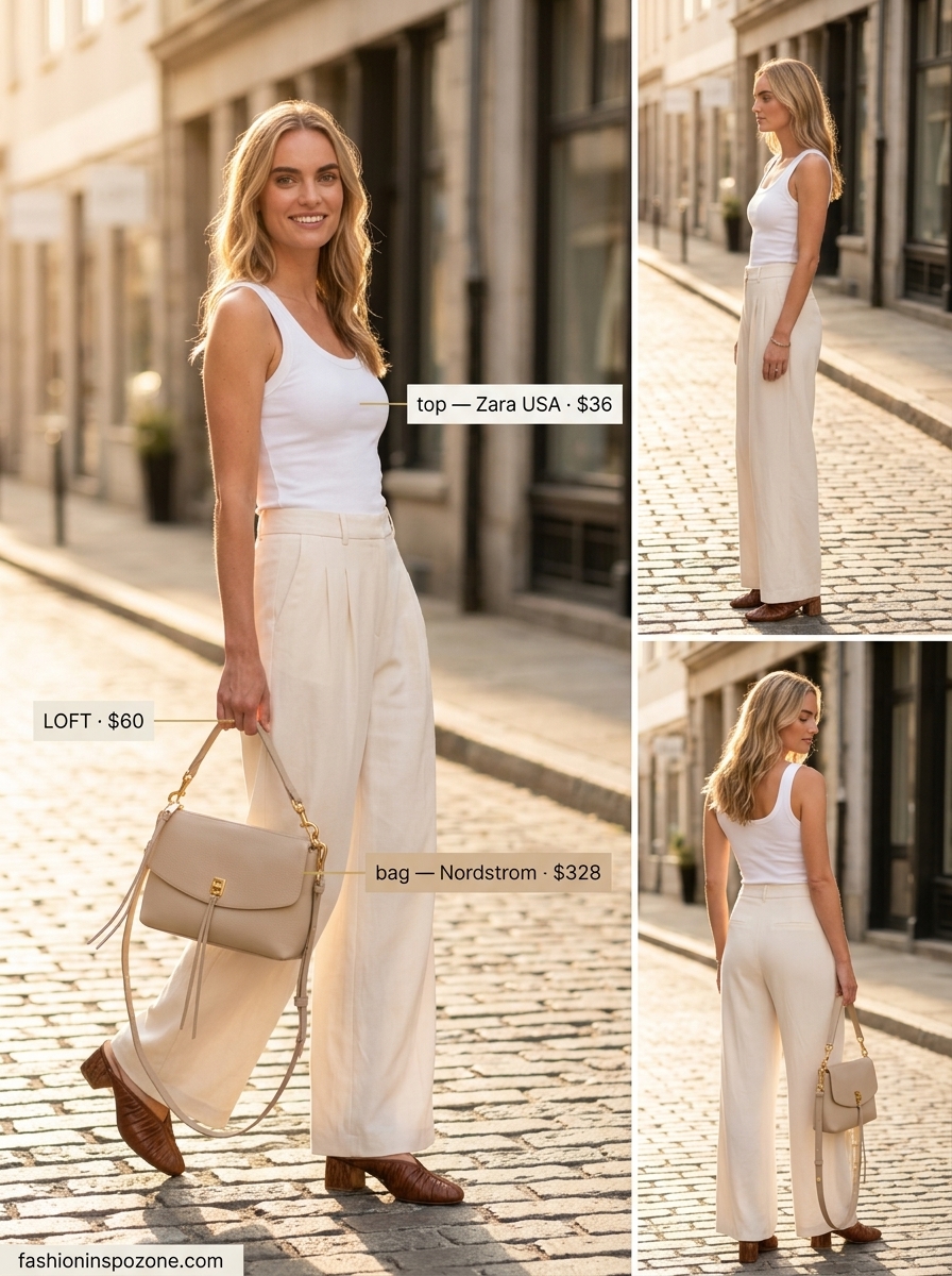 Cute outfit inspo summer for women 2026: Beige wide-leg pants, white knit top, and block heel mules for chic casual.