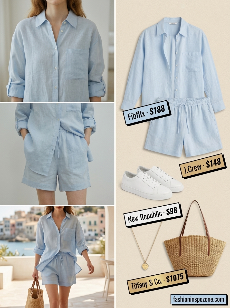 Cute pastel summer outfits for women 2026: Baby blue shorts set, white sneakers, straw tote for casual outing or brunch.