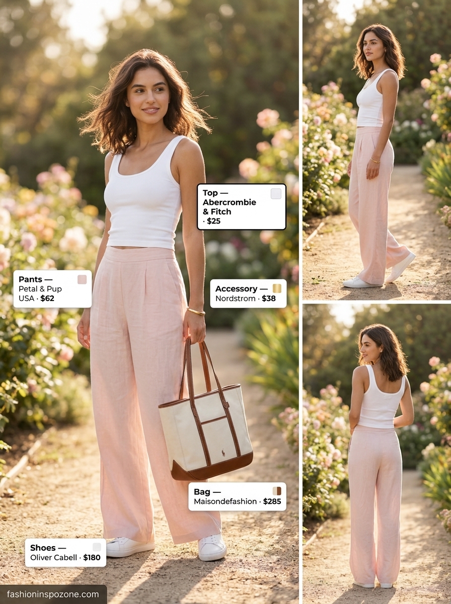 Cute pastel summer outfits for women 2026: Blush pink linen trousers, white tank, cream cardigan, white sneakers.