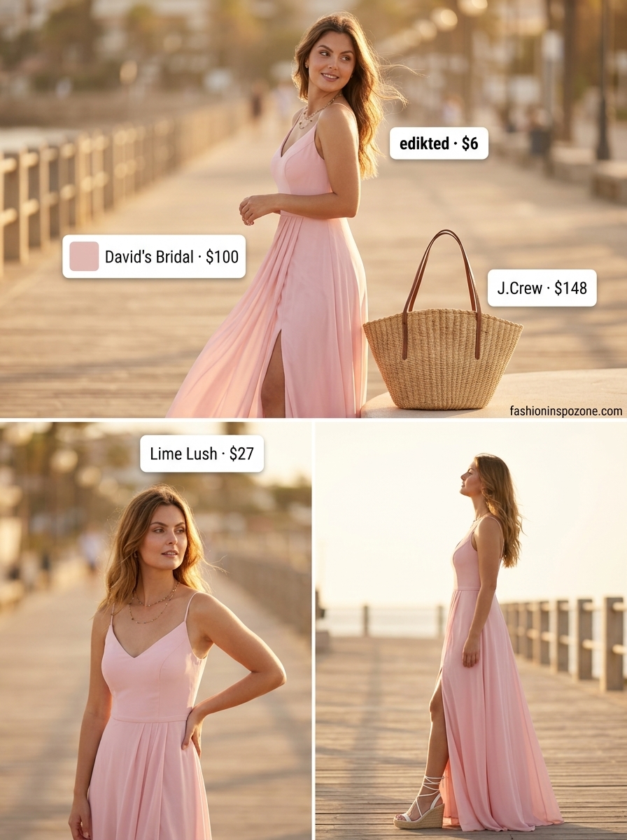 Cute pastel summer outfits for women 2026: Blush pink maxi dress, straw tote, espadrilles for beach vacation or garden party.