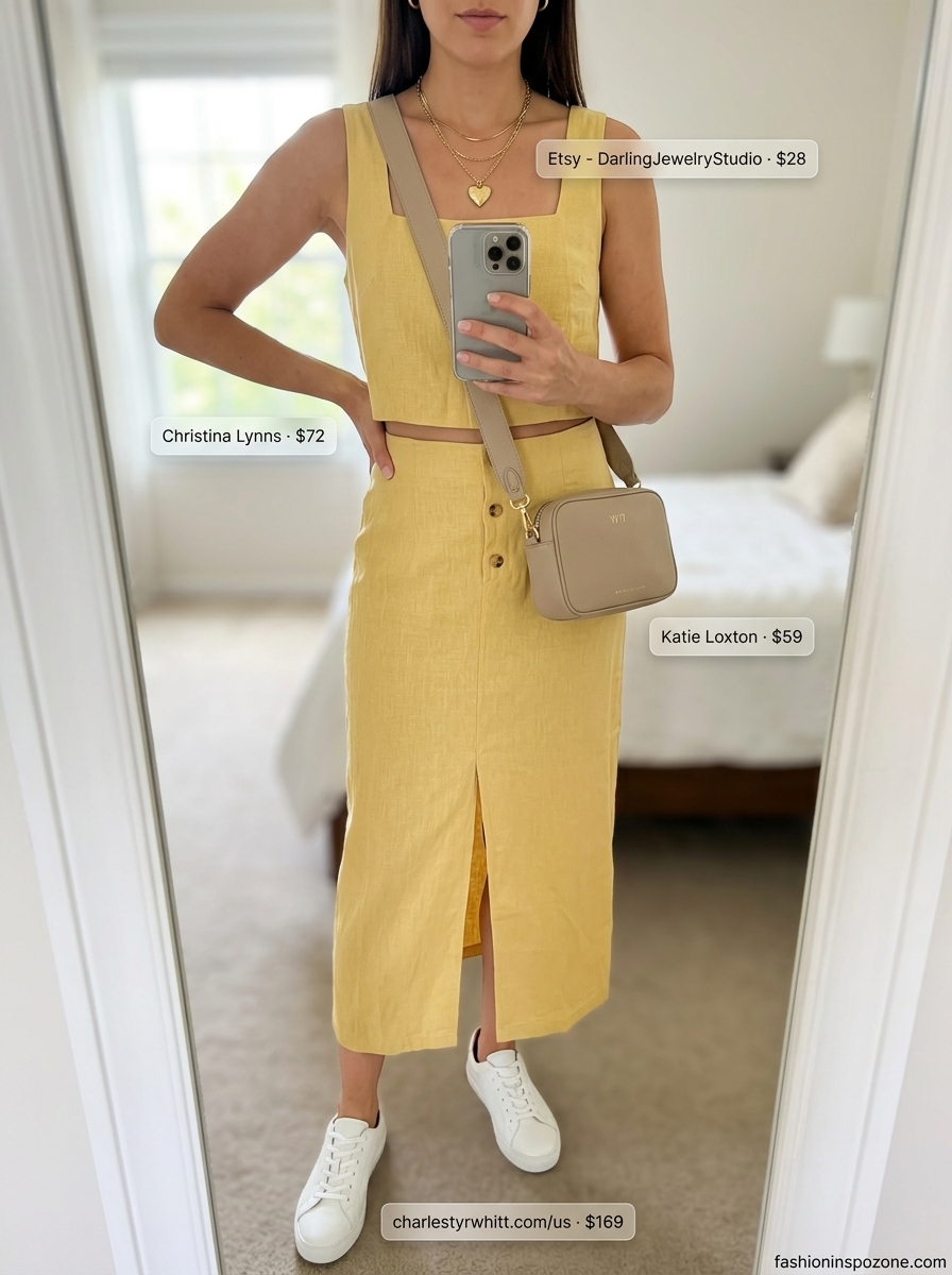 Cute pastel summer outfits for women 2026: Butter yellow linen midi skirt and cami set with white sneakers.