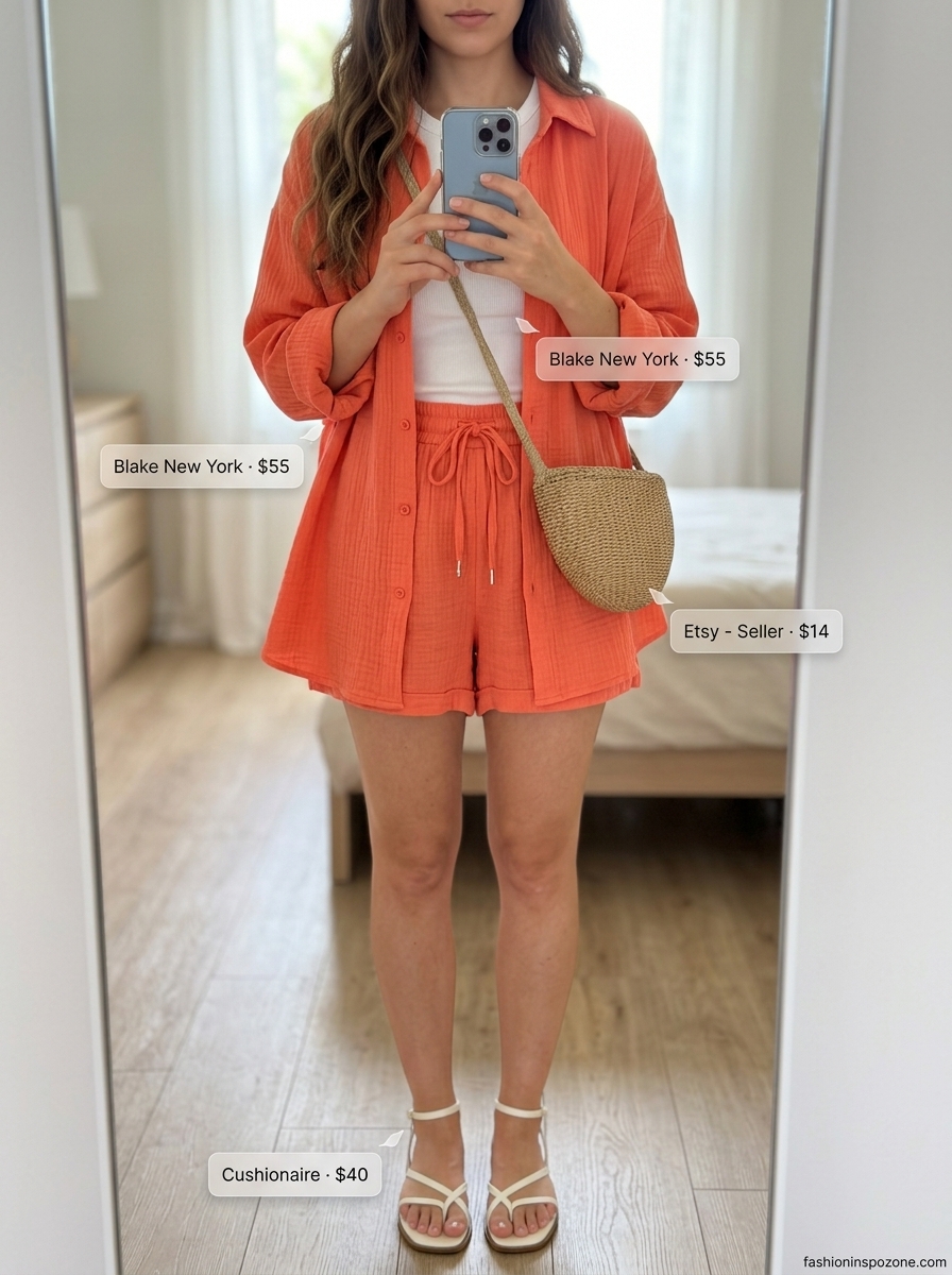 Cute pastel summer outfits for women 2026: Coral linen shirt and shorts set with straw bag for vacation.