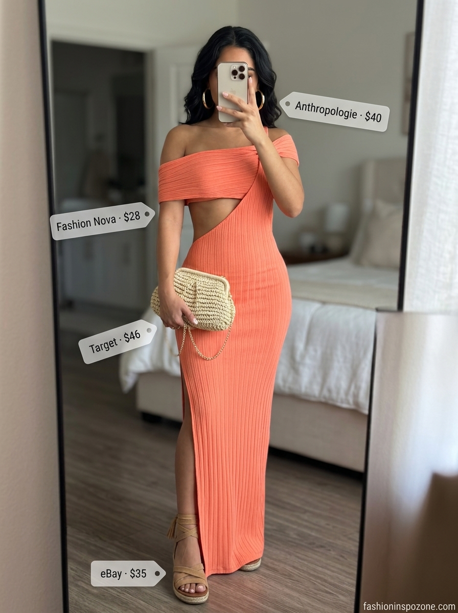 Cute pastel summer outfits for women 2026: Coral maxi dress with cut-out, espadrilles, straw clutch for vacation.