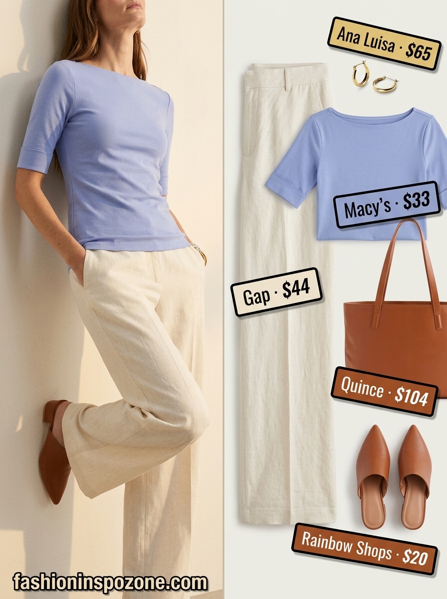 Cute pastel summer outfits for women 2026: Cream wide-leg pants, pastel blue knit top, gold earrings, and tan mules for smart casual events.