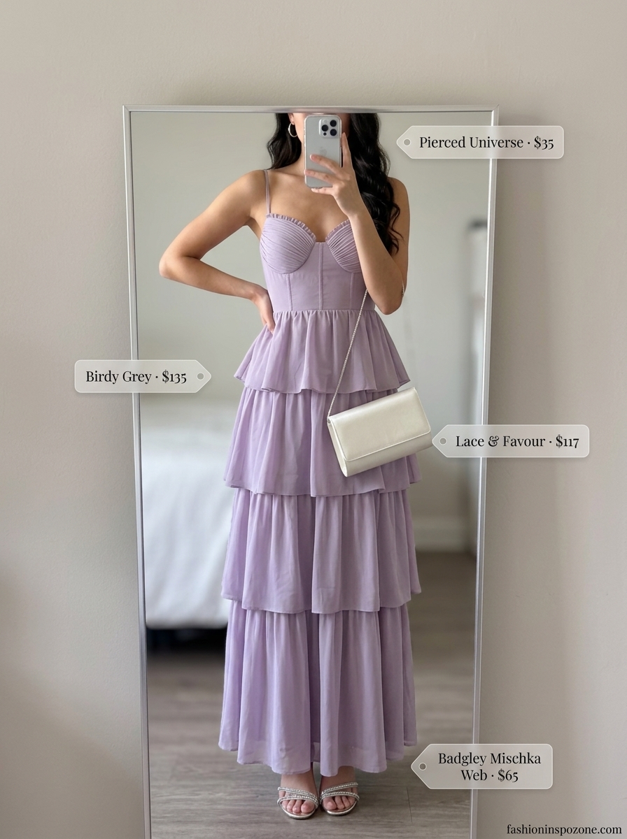 Cute pastel summer outfits for women 2026: Lavender maxi dress, silver earrings, and flat sandals for a beach gathering.