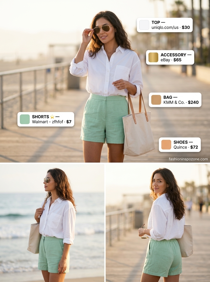 Cute pastel summer outfits for women 2026: Mint green linen shorts, white oversized shirt, tan slides for casual errands.