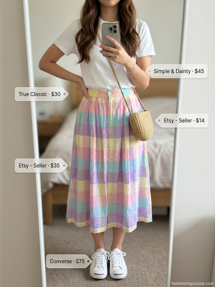Cute pastel summer outfits for women 2026: Pastel plaid skirt, white tee, sneakers for picnic or casual outing.