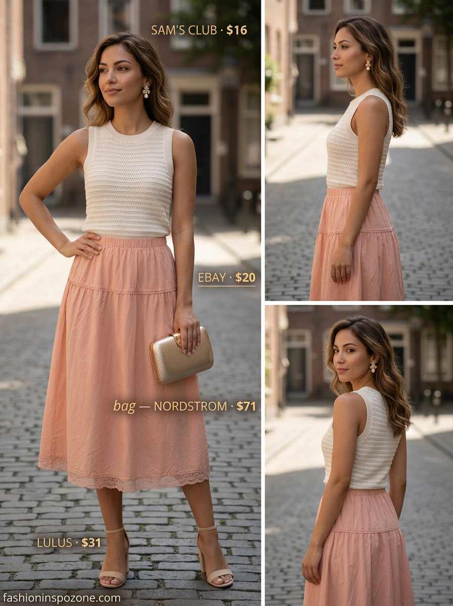Cute pastel summer outfits for women 2026: Peach crochet top, cream midi skirt, gold clutch for garden party.