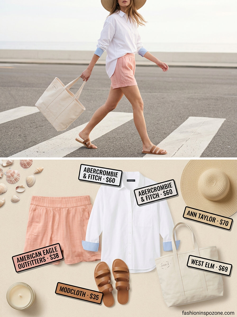Cute pastel summer outfits for women 2026: Peach linen shorts, white oversized shirt, tan slides for beach day.
