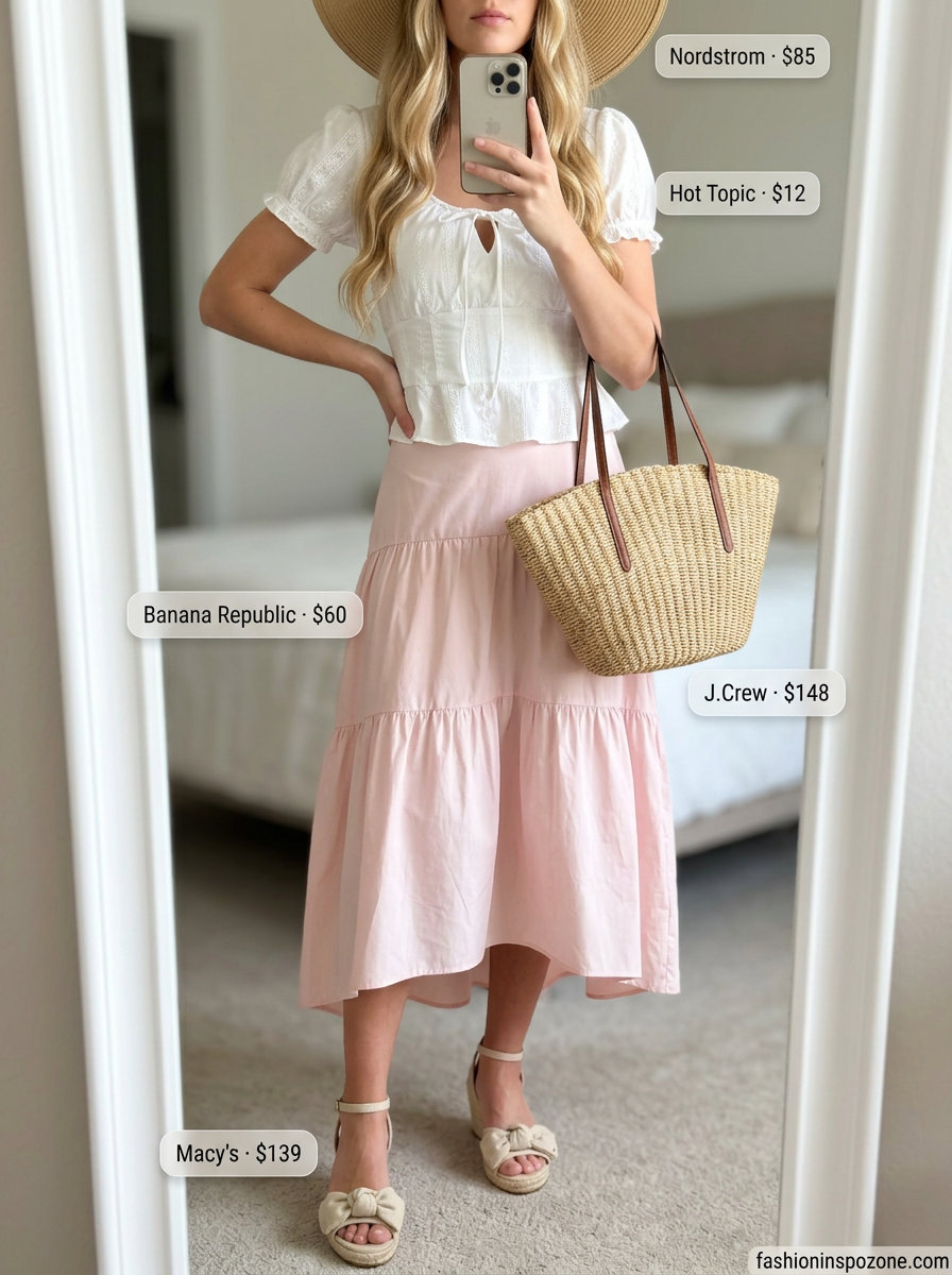 Cute pastel summer outfits for women 2026: Pale pink midi skirt, white eyelet top, straw hat, and espadrilles for a picnic.