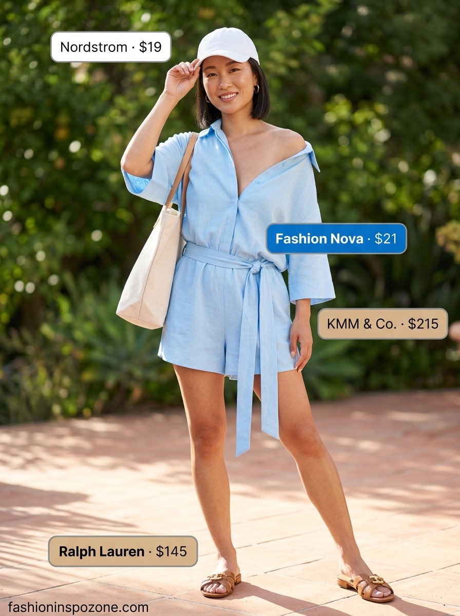 Cute pastel summer outfits for women 2026: Sky blue linen romper, white cap, tan sandals for casual daytime or beach lunch.