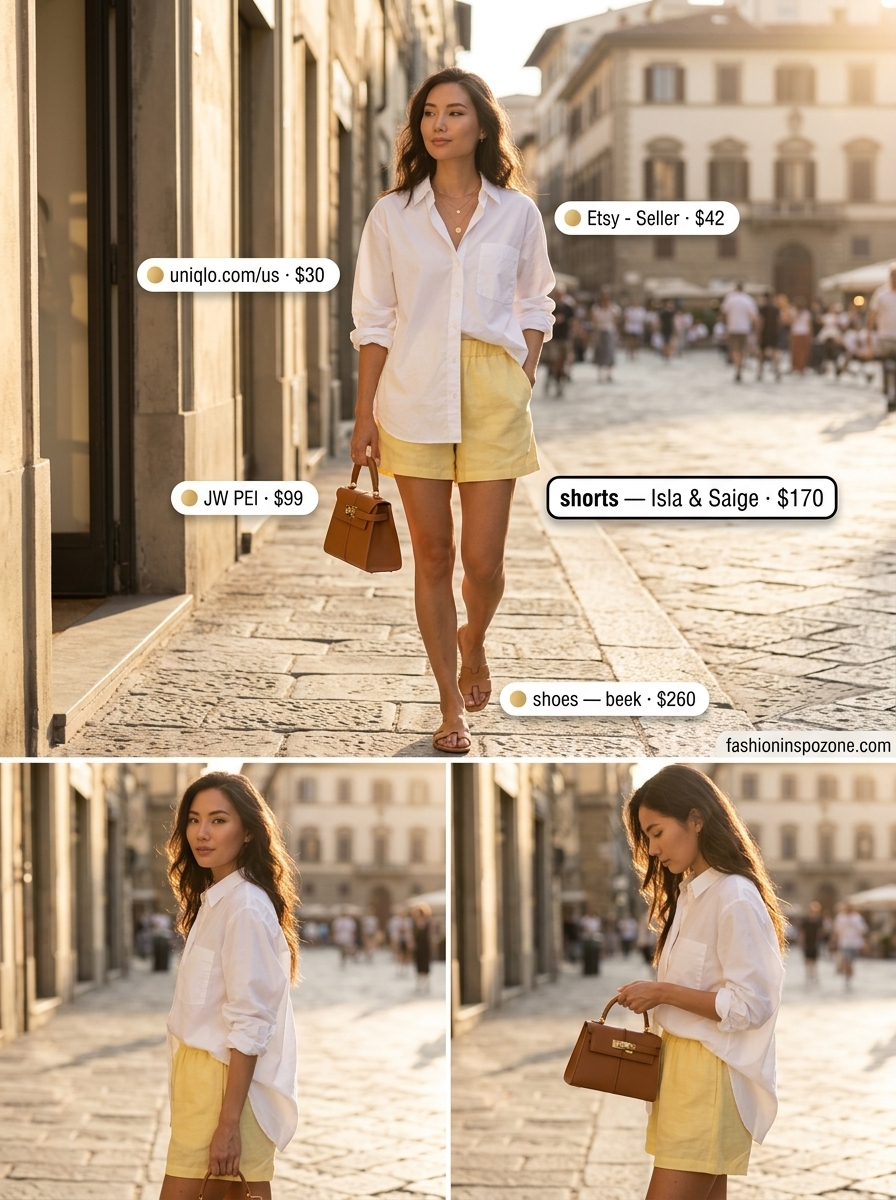 Cute pastel summer outfits for women 2026: Yellow linen shorts, white oversized shirt, tan slides for daytime exploration.
