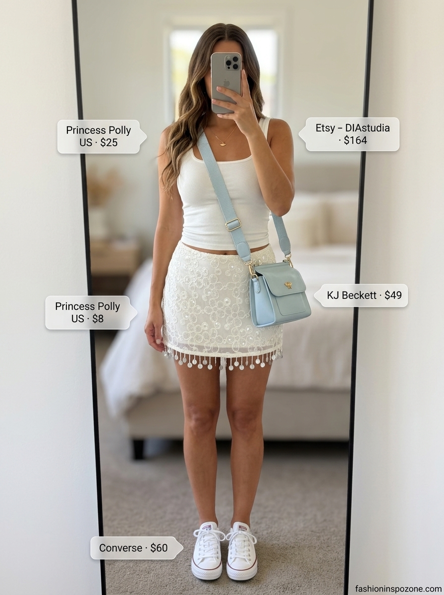 Cute pastel summer outfits for women 2026: Lemon yellow mini skirt, white tank top, light blue bag, and sneakers for a casual day.