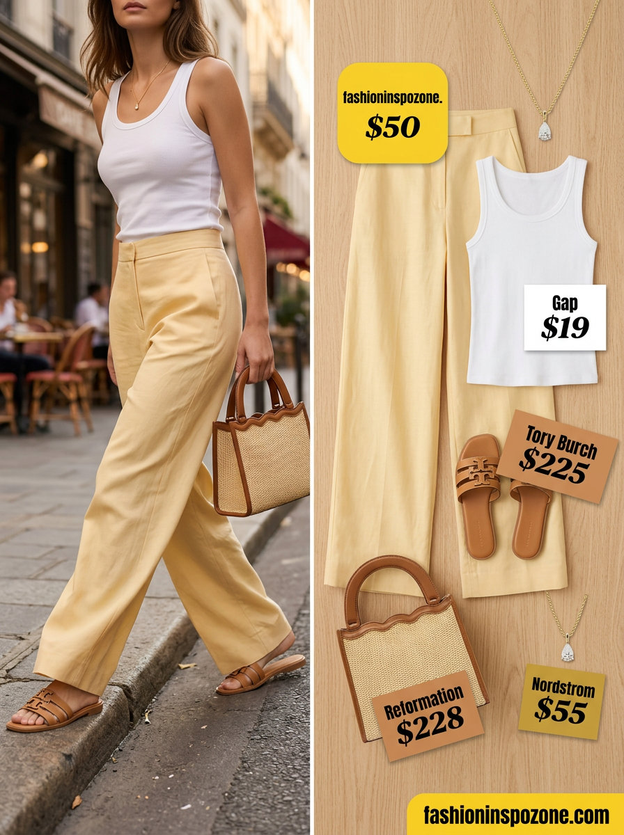 Cute pastel summer outfits for women 2026: Butter yellow wide-leg pants, white tank, tan slides for casual chic brunch.