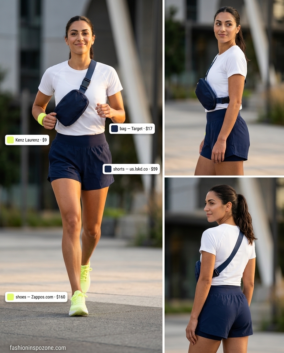 Cute sporty chic summer outfits for women 2026: Navy running shorts, white performance tee, neon yellow sneakers, and fanny pack.