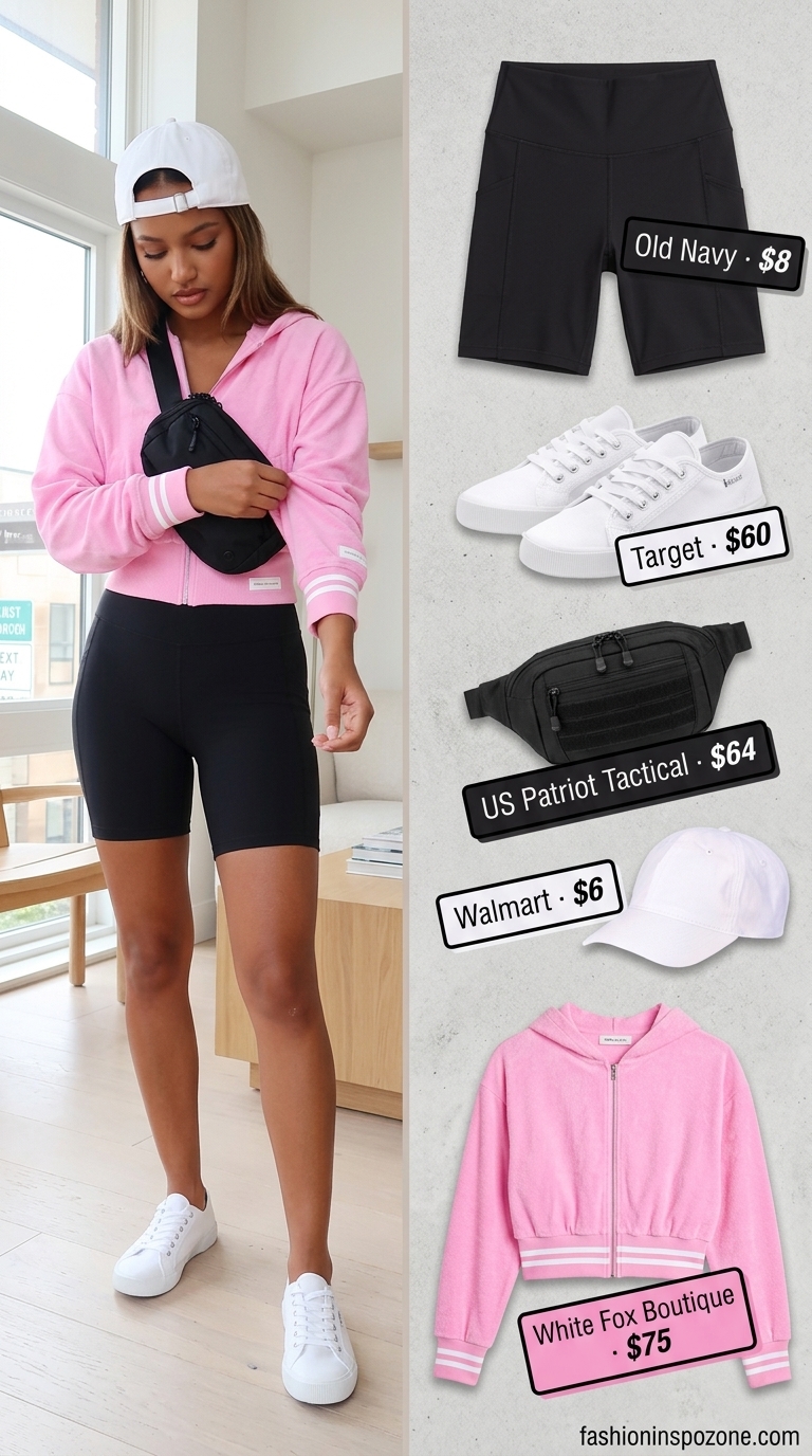 Cute sporty chic summer outfit for women 2026: Pink hoodie, black biker shorts, white sneakers, and cap for errands.