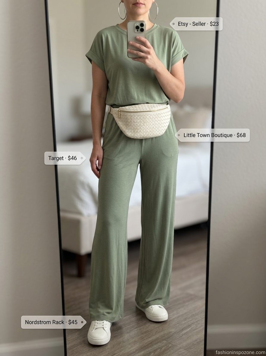 Cute sporty chic summer outfits for women 2026: Olive green wide-leg pants, cropped top, white sneakers, and cream belt bag.