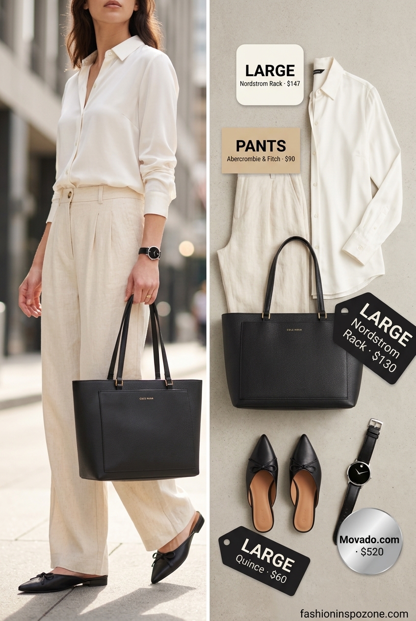 Cute sporty chic summer outfits for women 2026: Beige wide-leg pants, white silk shirt, black mules for office.