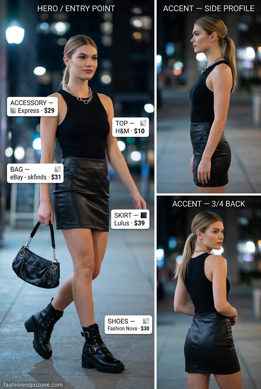 Cute sporty chic summer outfits for women 2026: Black faux leather mini skirt, combat boots, silver necklace for night out.
