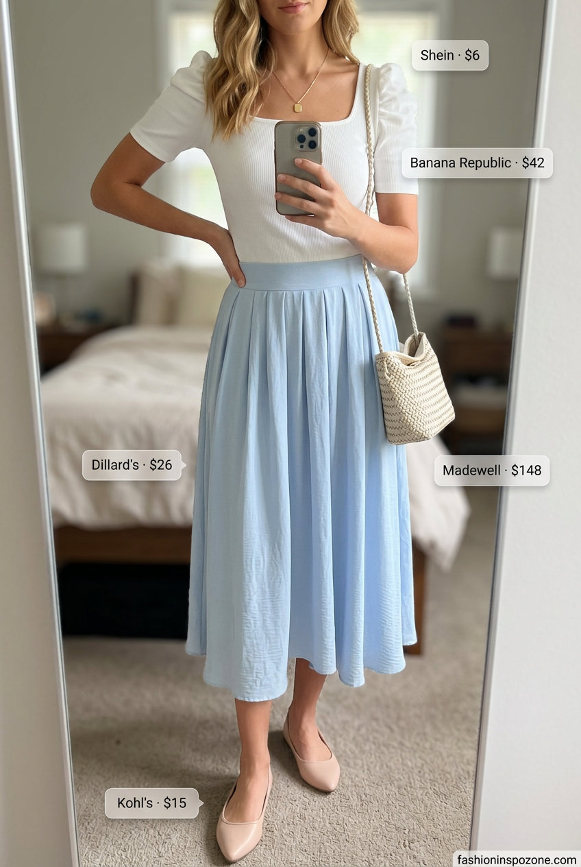 Cute sporty chic summer outfits for women 2026: Blue midi skirt, white puff sleeve top, ballet flats for brunch.