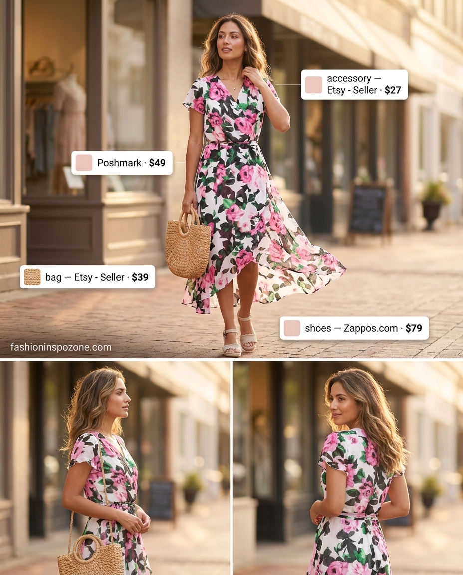 Cute sporty chic summer outfits for women 2026: Floral midi wrap dress, straw tote, espadrille wedges, and gold necklace.