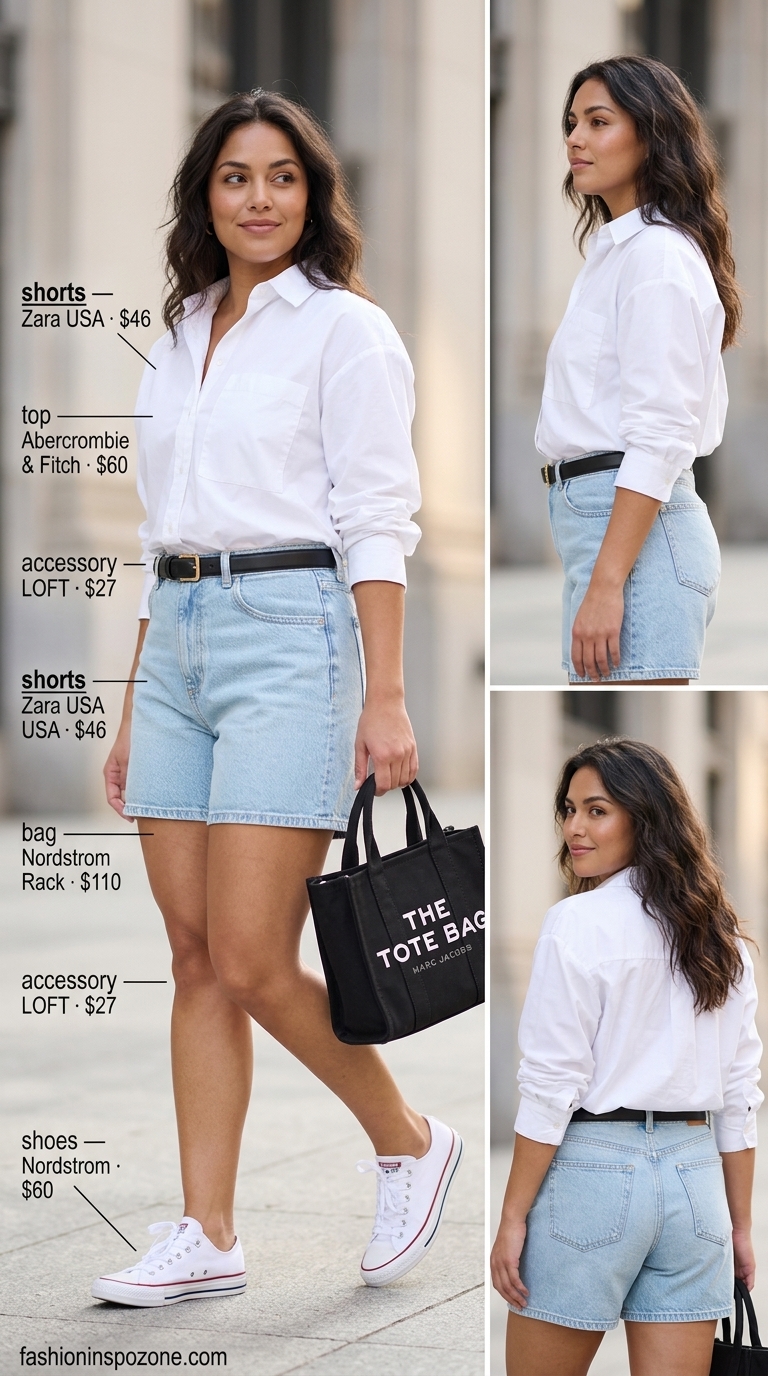 Cute sporty chic summer outfits for women 2026: Light wash denim shorts, oversized white shirt, black belt, and canvas sneakers.