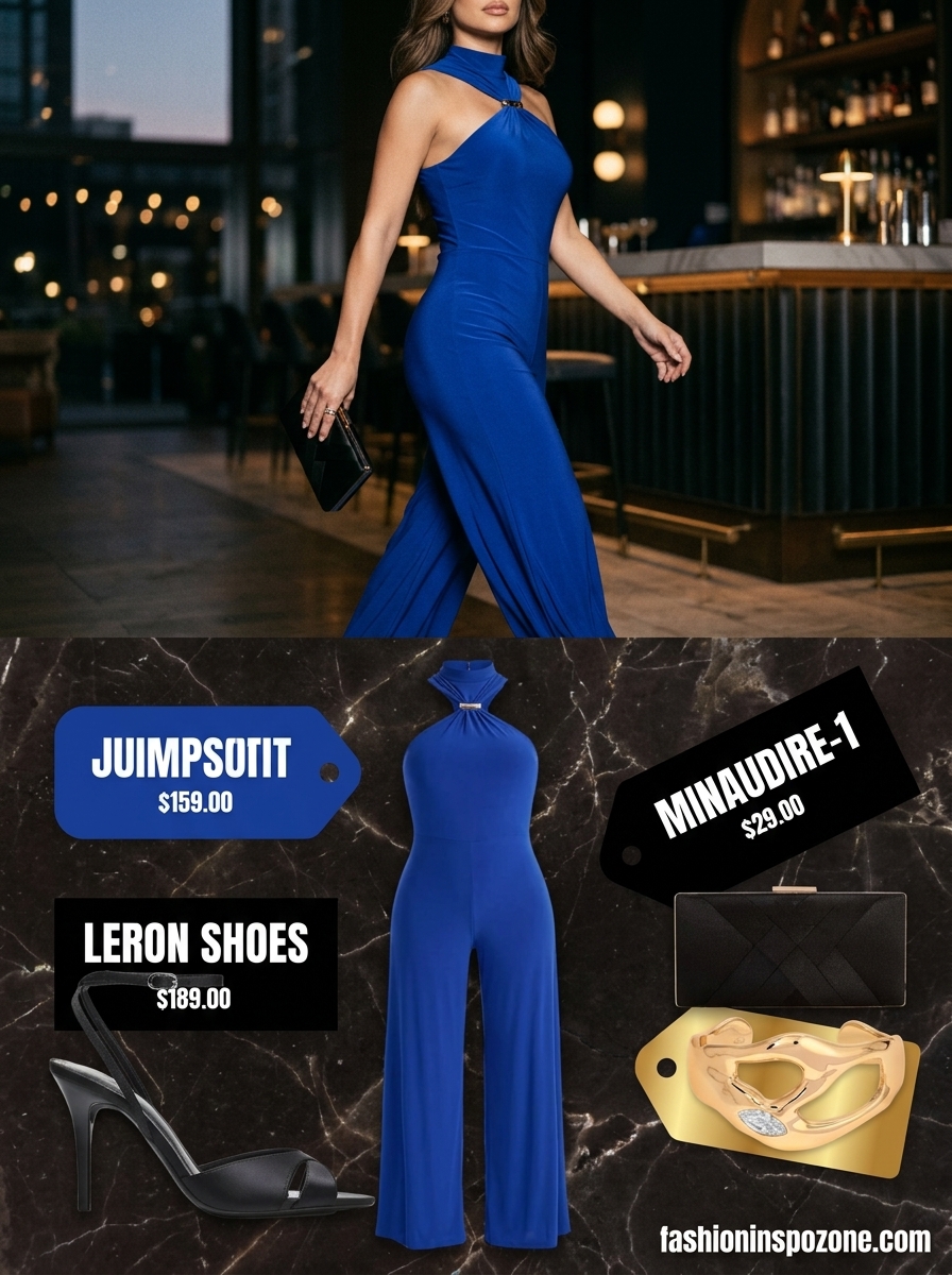 Cute sporty chic summer outfits for women 2026: Cobalt blue wide-leg jumpsuit with heels and clutch.