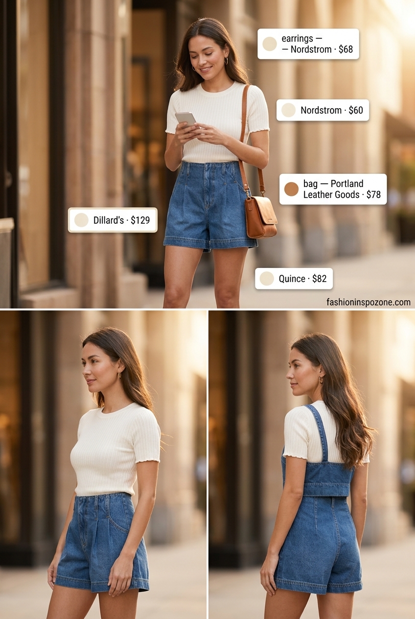Cute sporty chic summer outfits for women 2026: Elevated denim shorts with knit top, mules, and leather bag.