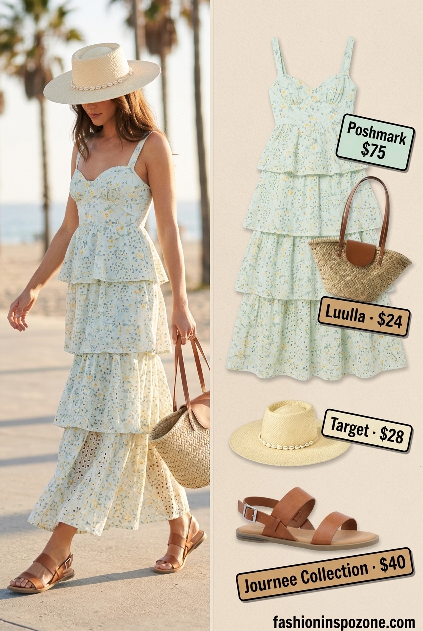 Cute sporty chic summer outfits for women 2026: Floral maxi dress, straw hat, flat sandals for beach day.