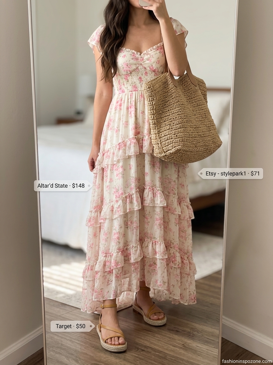 Cute sporty chic summer outfits for women 2026: Flowy floral maxi dress, espadrilles, and straw tote.