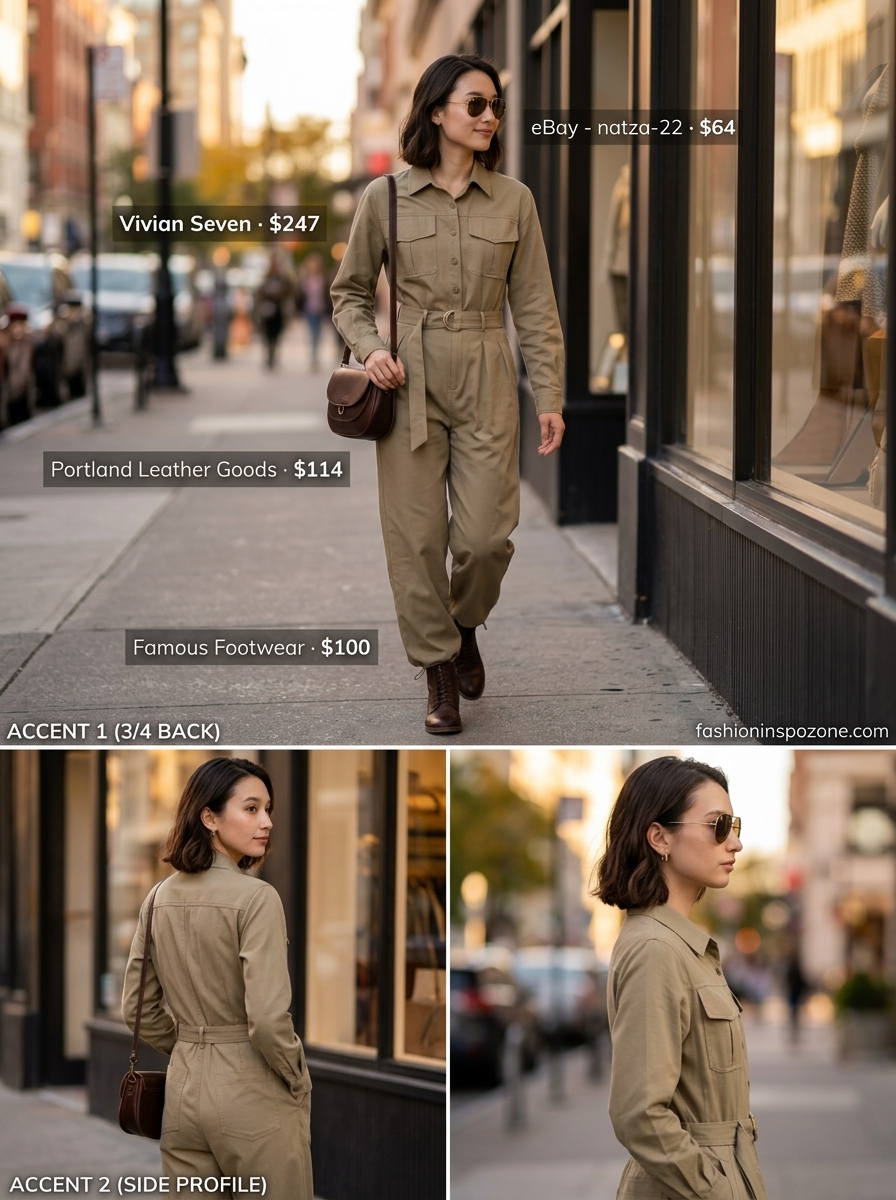 Cute sporty chic summer outfit for women 2026: Khaki utility jumpsuit, white tee, brown ankle boots, and aviator sunglasses for travel.