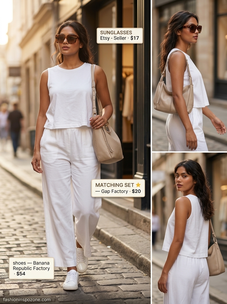 Cute sporty chic summer outfits for women 2026: Cream knit set, beige hobo bag, white fashion sneakers, and tortoiseshell sunglasses.