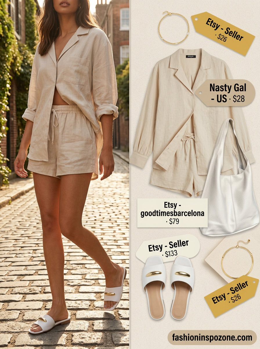 Cute sporty chic summer outfits for women 2026: Linen set with slides and tote bag.