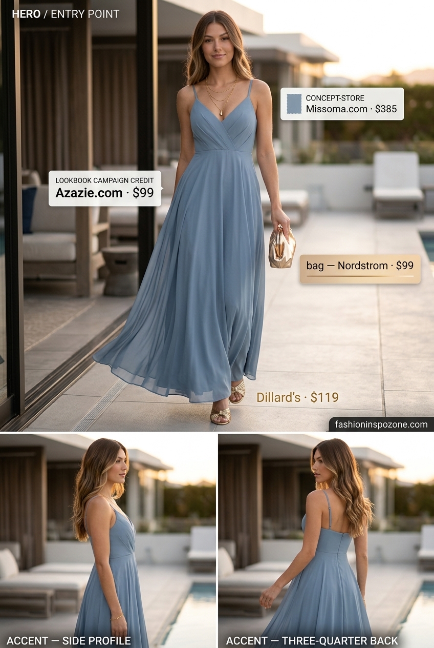 Cute sporty chic summer outfits for women 2026: Dusty blue flowy maxi dress, cream heeled sandals, and gold accessories for an evening out.