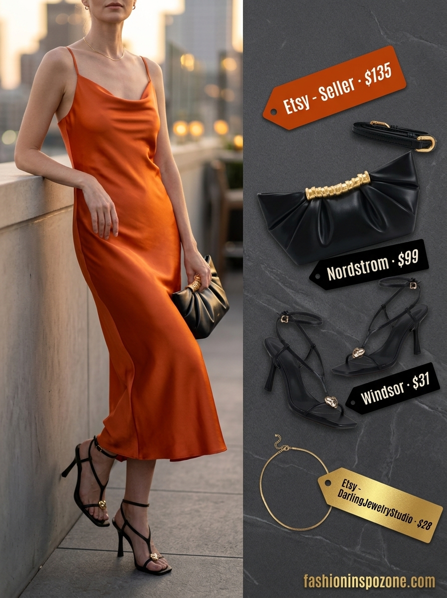 Cute sporty chic summer outfits for women 2026: Orange midi slip dress, black heels, gold necklaces for evening event.