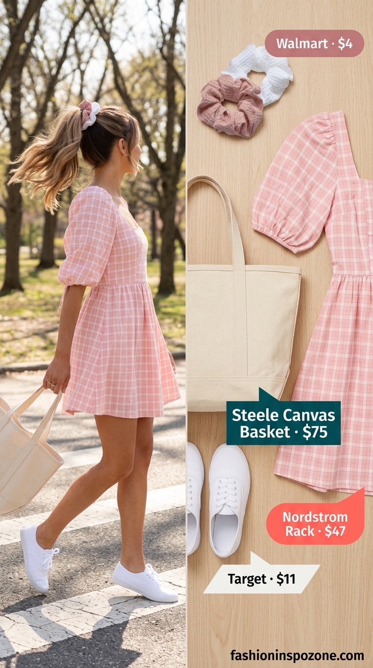 Cute sporty chic summer outfits for women 2026: Pastel pink gingham sundress, white canvas sneakers, and tan canvas tote bag.