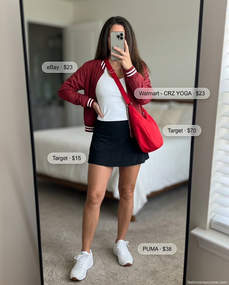 Cute sporty chic summer outfits for women 2026: Pleated mini skirt, bomber jacket, and athletic tank.