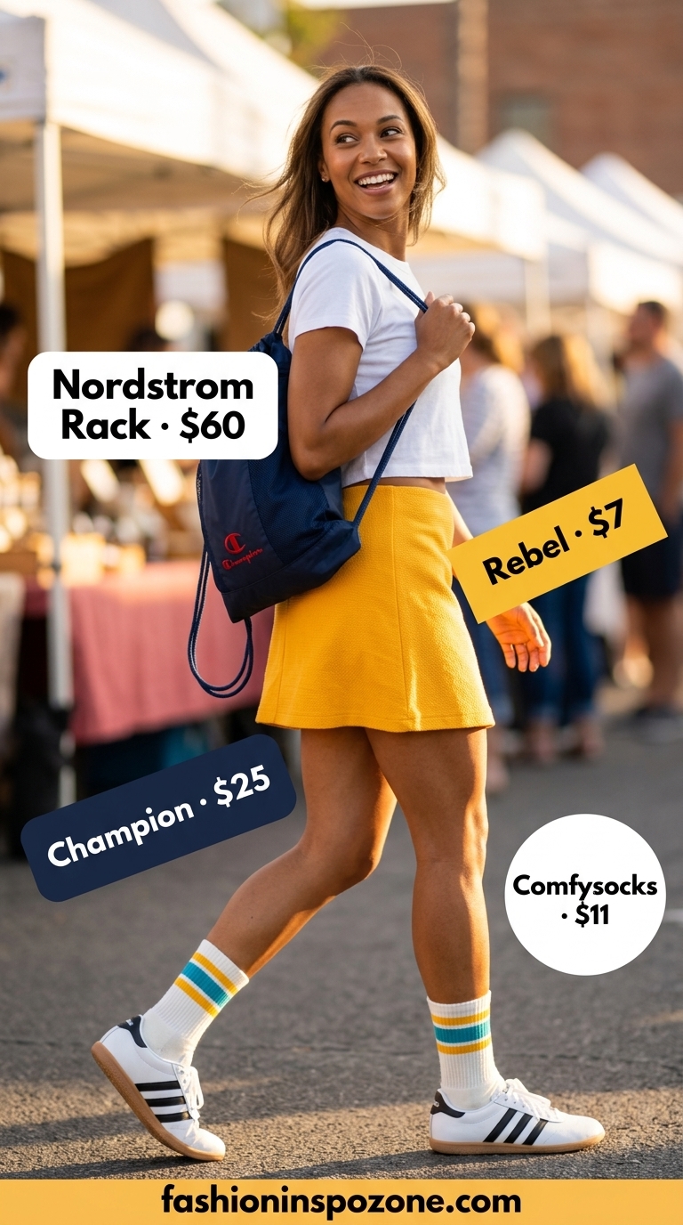 Cute sporty chic summer outfits for women 2026: Retro athletic set with sneakers and drawstring backpack.